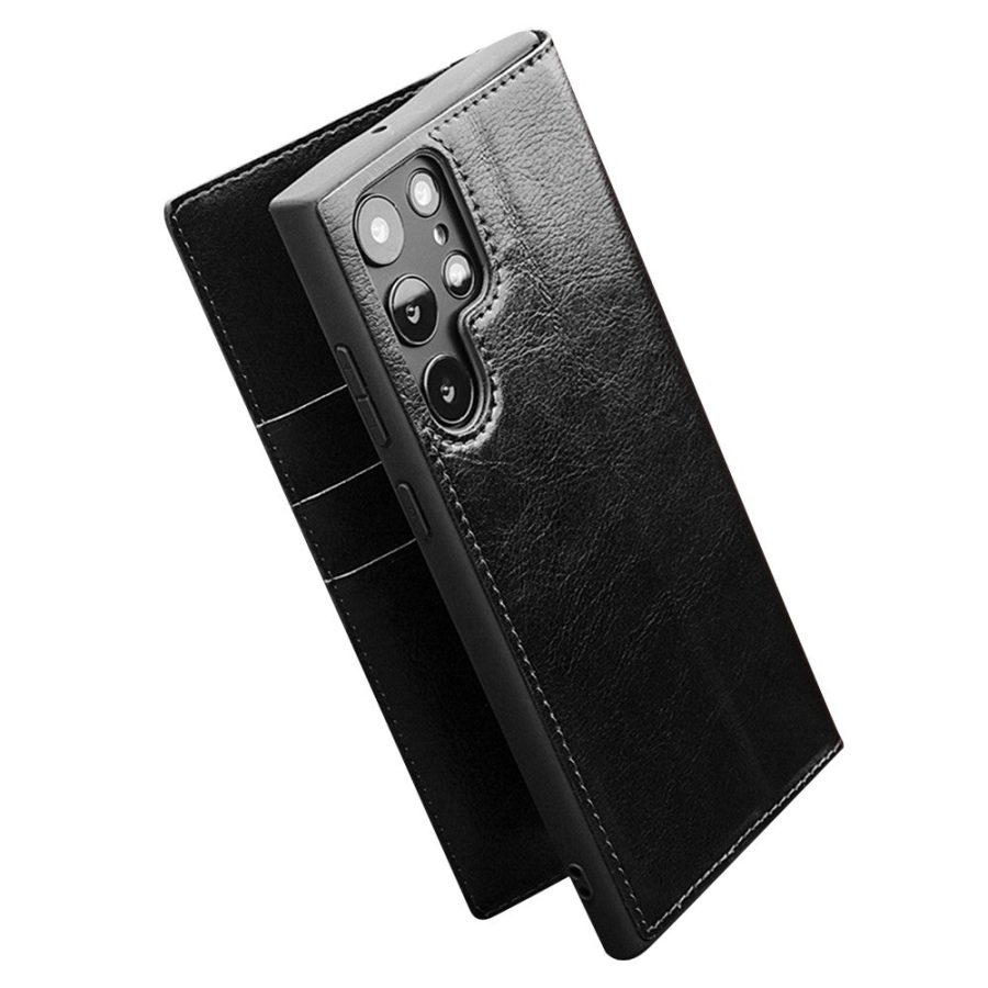 QIALINO For Samsung Galaxy S22 Ultra Wallet Case Waxy Genuine Leather Flip Phone Cover
