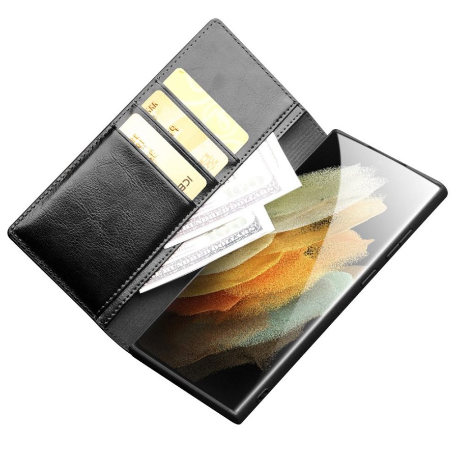 QIALINO For Samsung Galaxy S22 Ultra Wallet Case Waxy Genuine Leather Flip Phone Cover