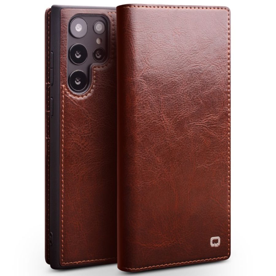 QIALINO For Samsung Galaxy S22 Ultra Wallet Case Waxy Genuine Leather Flip Phone Cover