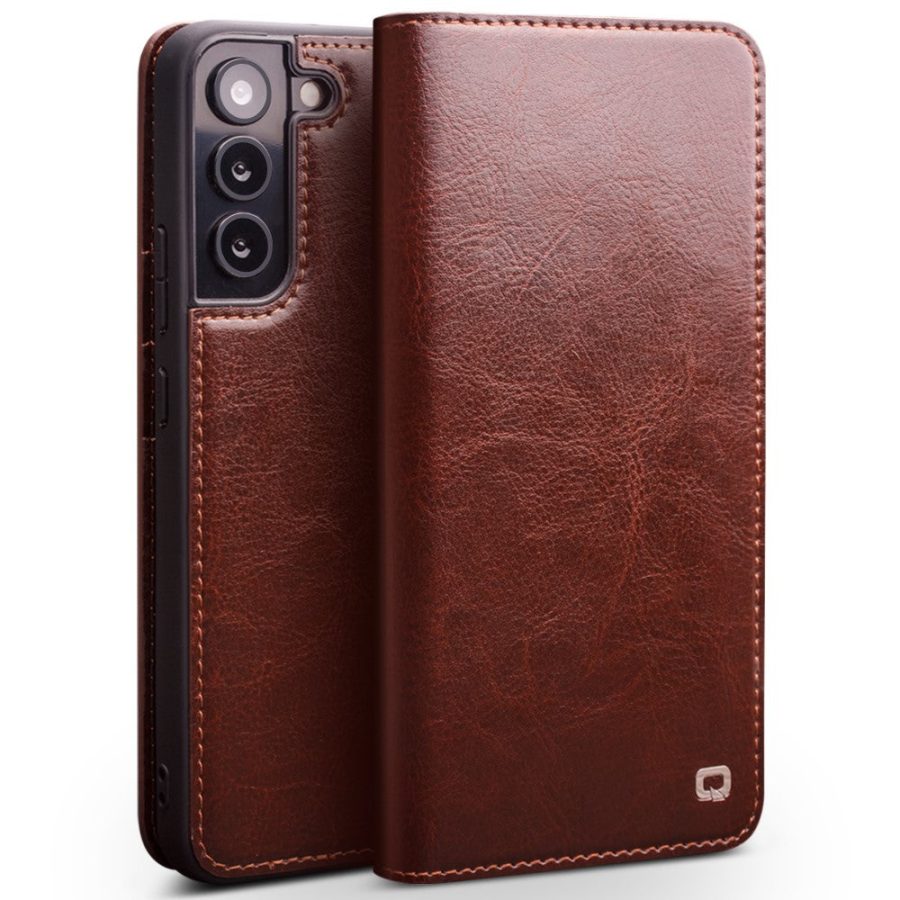 QIALINO for Samsung Galaxy S22 Wallet Case Waxy Genuine Leather Flip Phone Cover