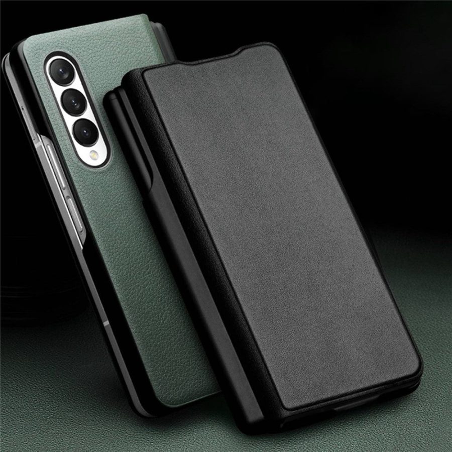 660102873A-5 QIALINO For Samsung Galaxy Z Fold3 Case Nappa Texture Genuine Leather Flip Phone Cover with Pen Holder