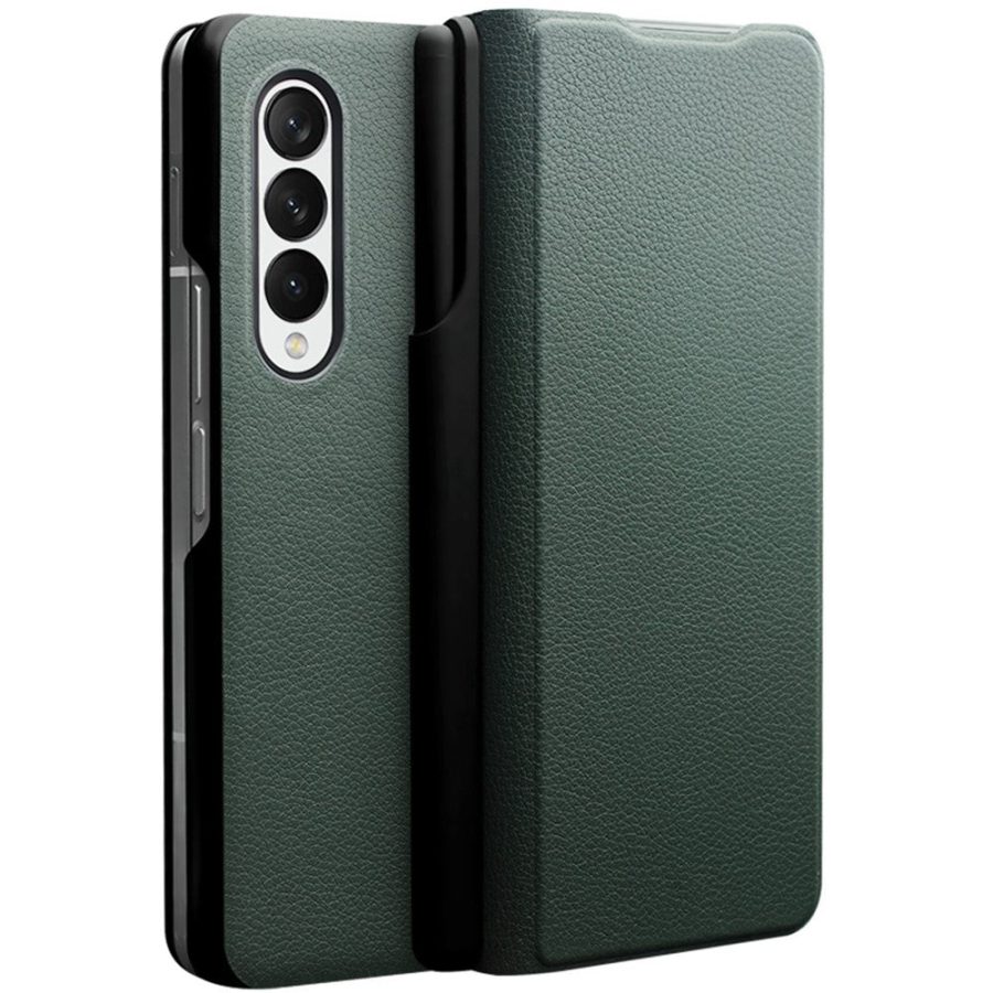 660102873B-1 QIALINO For Samsung Galaxy Z Fold3 Case Nappa Texture Genuine Leather Flip Phone Cover with Pen Holder