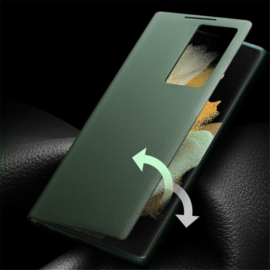 QIALINO For Samsung Galaxy S22 Case Smart View Window Genuine Cowhide Leather Flip Cover