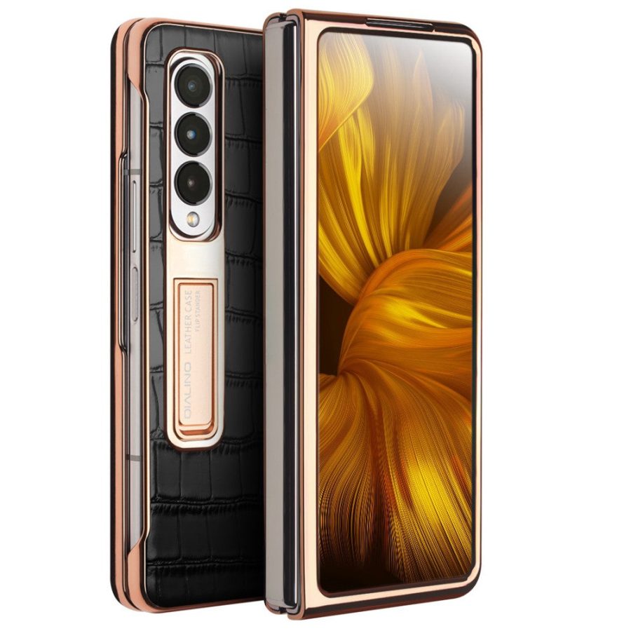 660109466A-1 QIALINO For Samsung Galaxy Z Fold3 Case Crocodile Texture Genuine Leather Kickstand Electroplating Cover with Tempered Glass