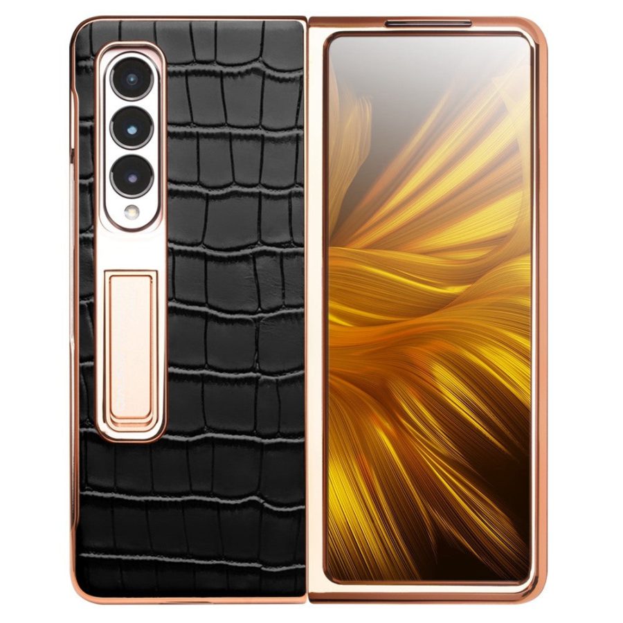 660109466A-2 QIALINO For Samsung Galaxy Z Fold3 Case Crocodile Texture Genuine Leather Kickstand Electroplating Cover with Tempered Glass
