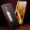 660109466A-7 QIALINO For Samsung Galaxy Z Fold3 Case Crocodile Texture Genuine Leather Kickstand Electroplating Cover with Tempered Glass