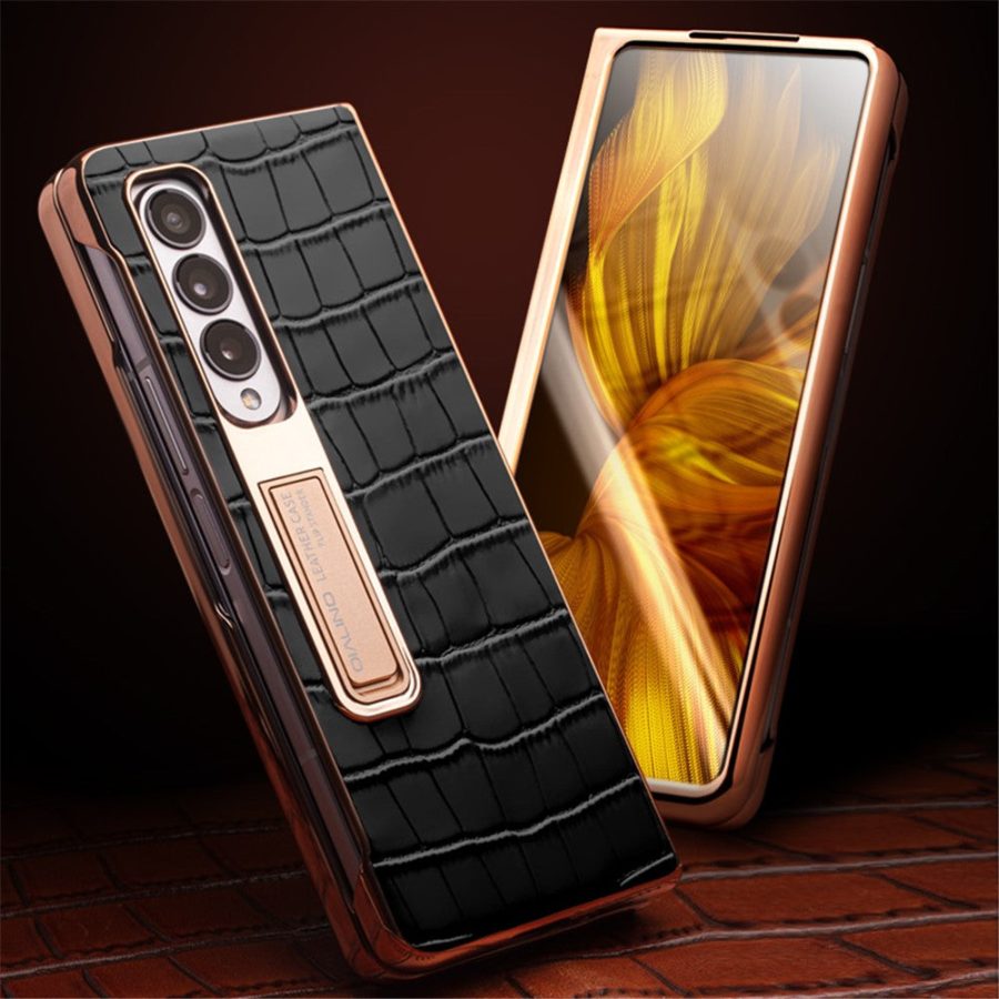 660109466A-7 QIALINO For Samsung Galaxy Z Fold3 Case Crocodile Texture Genuine Leather Kickstand Electroplating Cover with Tempered Glass