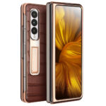 QIALINO For Samsung Galaxy Z Fold3 Case Crocodile Texture Genuine Leather Kickstand Electroplating Cover with Tempered Glass