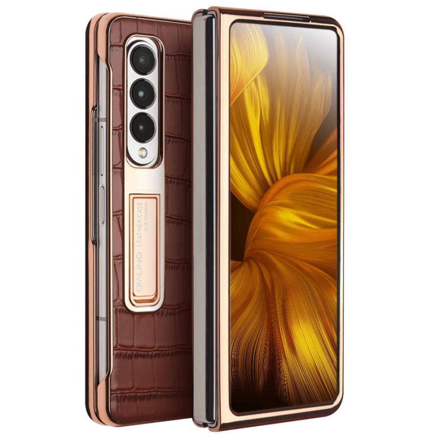 660109466B-1 QIALINO For Samsung Galaxy Z Fold3 Case Crocodile Texture Genuine Leather Kickstand Electroplating Cover with Tempered Glass