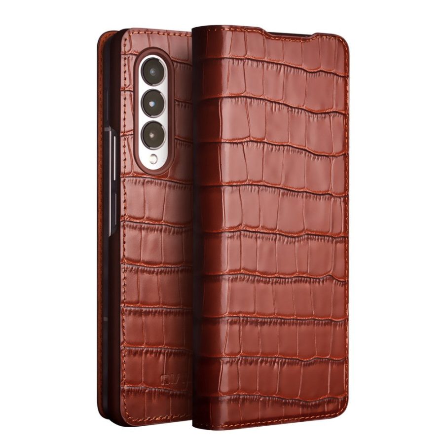 660109467B-1 QIALINO for Samsung Galaxy Z Fold3 Case Crocodile Texture Genuine Cowhide Leather Flip Phone Cover