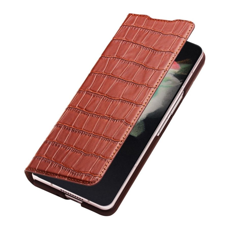 660109467B-3 QIALINO for Samsung Galaxy Z Fold3 Case Crocodile Texture Genuine Cowhide Leather Flip Phone Cover
