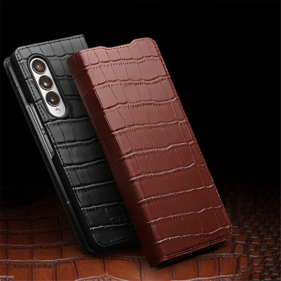 660109467B-6 QIALINO for Samsung Galaxy Z Fold3 Case Crocodile Texture Genuine Cowhide Leather Flip Phone Cover
