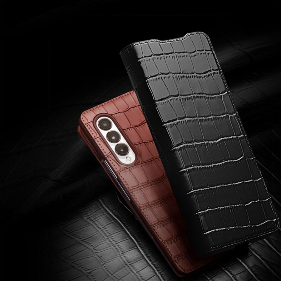 660109467B-7 QIALINO for Samsung Galaxy Z Fold3 Case Crocodile Texture Genuine Cowhide Leather Flip Phone Cover