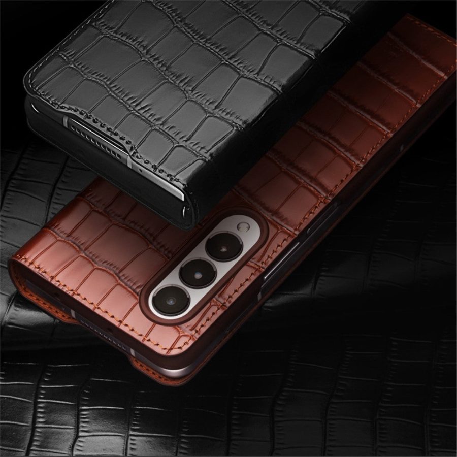 660109467B-8 QIALINO for Samsung Galaxy Z Fold3 Case Crocodile Texture Genuine Cowhide Leather Flip Phone Cover
