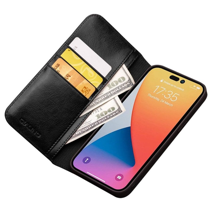 QIALINO For iPhone 14 Pro Max Case Flip Wallet Stand Drop-proof Genuine Leather Phone Cover