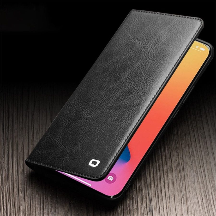 QIALINO For iPhone 14 Pro Max Case Flip Wallet Stand Drop-proof Genuine Leather Phone Cover