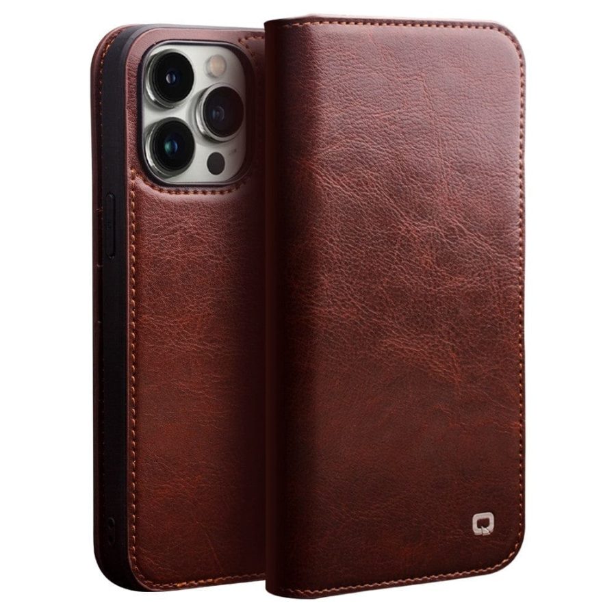 QIALINO For iPhone 14 Pro Max Case Flip Wallet Stand Drop-proof Genuine Leather Phone Cover