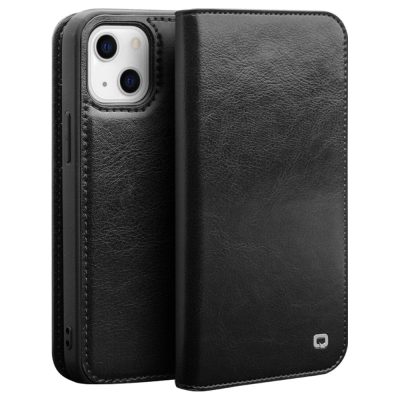 QIALINO For iPhone 14 Plus Case Genuine Leather Flip Stand Wallet Drop-proof Phone Cover