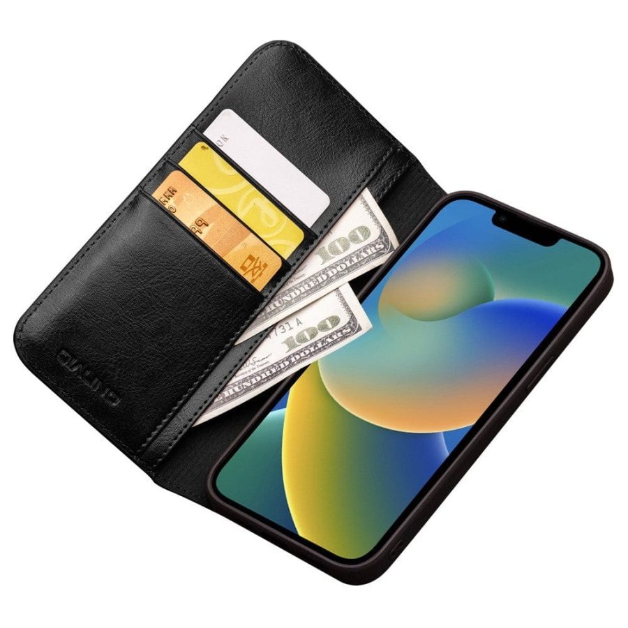 QIALINO For iPhone 14 Plus Case Genuine Leather Flip Stand Wallet Drop-proof Phone Cover