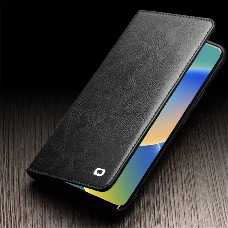 QIALINO For iPhone 14 Plus Case Genuine Leather Flip Stand Wallet Drop-proof Phone Cover