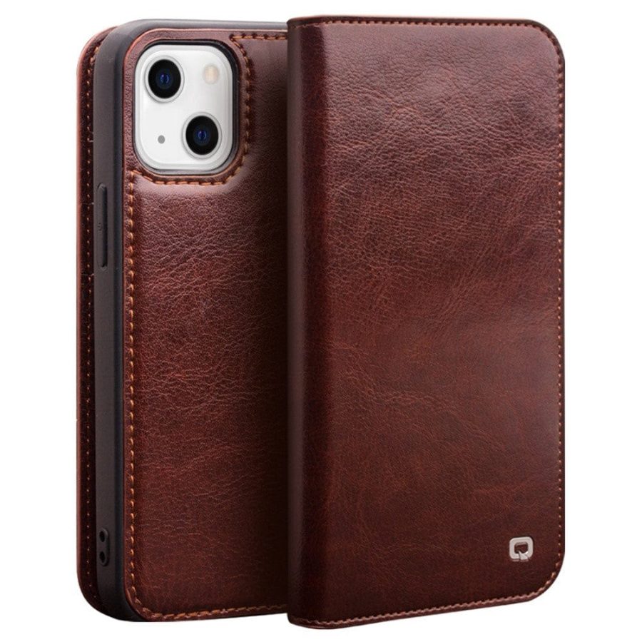 QIALINO For iPhone 14 Plus Case Genuine Leather Flip Stand Wallet Drop-proof Phone Cover