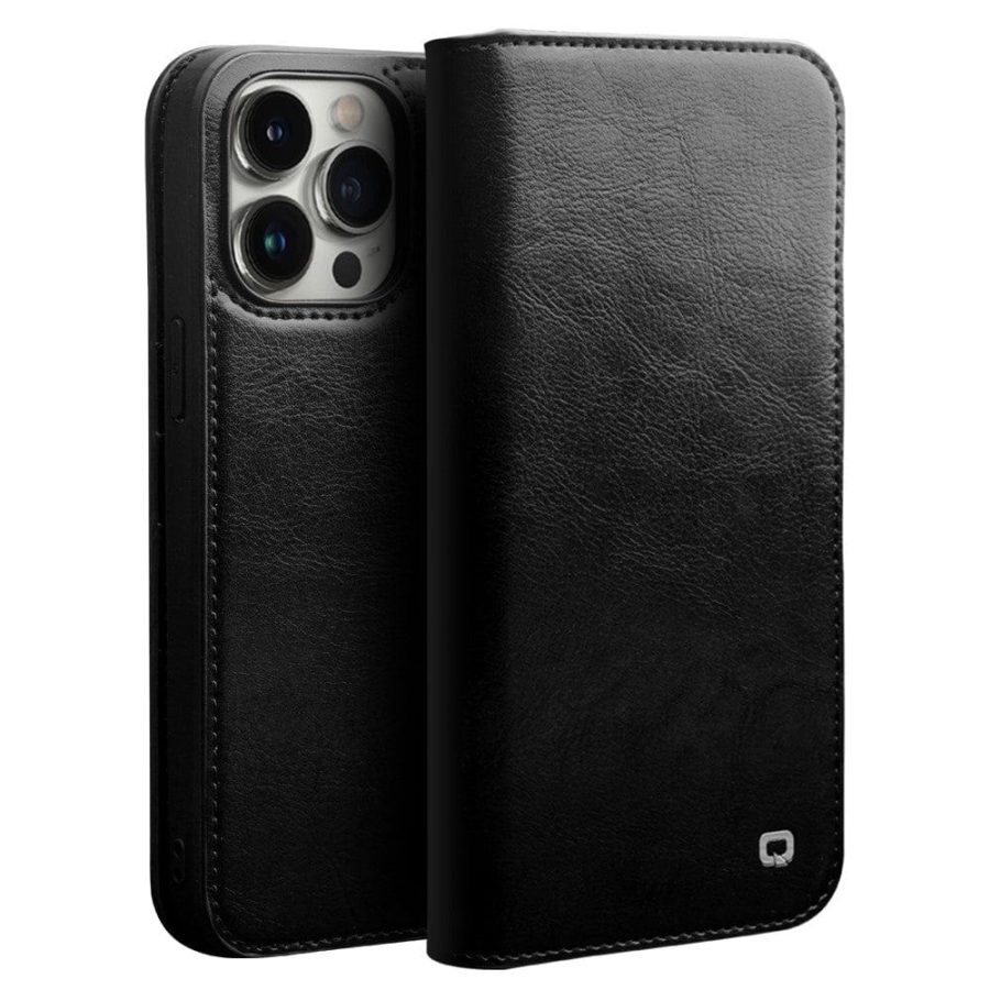 660110072A-1 QIALINO For iPhone 14 Pro Case Card Holder Genuine Leather Stand Phone Cover