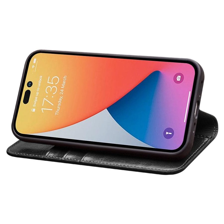 660110072A-3 QIALINO For iPhone 14 Pro Case Card Holder Genuine Leather Stand Phone Cover