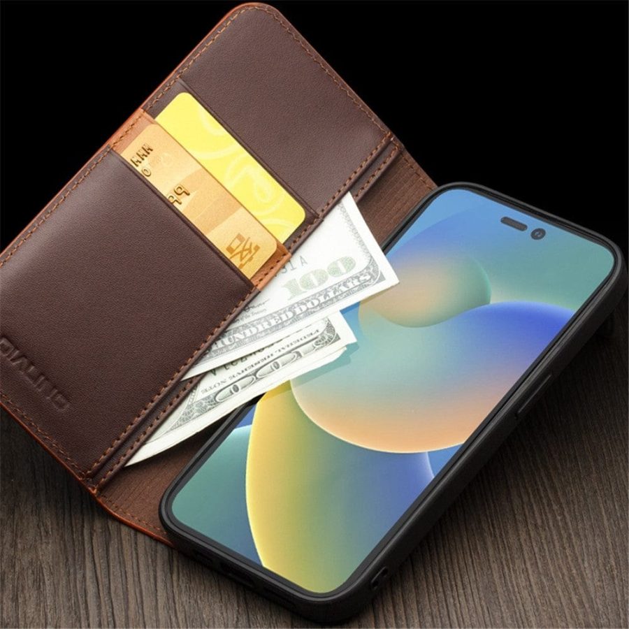 QIALINO For iPhone 14 Plus Case Classic Genuine Leather Wallet Business Phone Cover