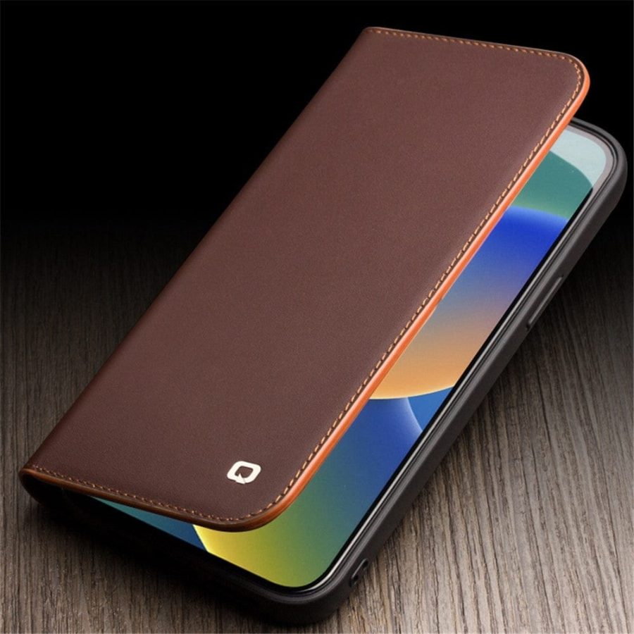 QIALINO For iPhone 14 Plus Case Classic Genuine Leather Wallet Business Phone Cover
