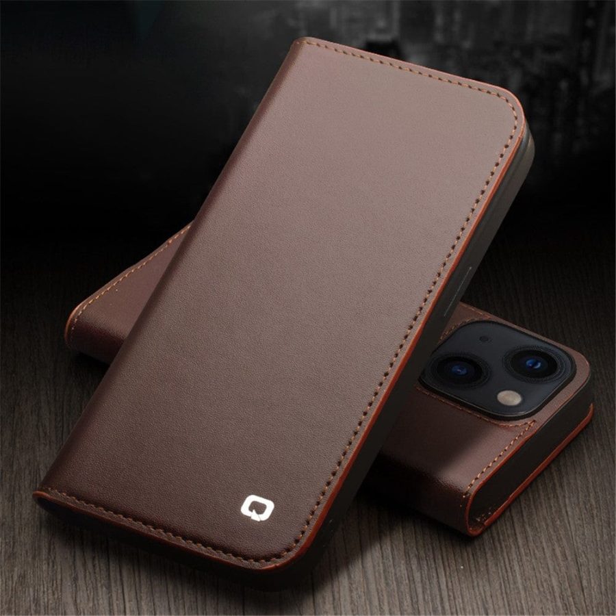 QIALINO For iPhone 14 Plus Case Classic Genuine Leather Wallet Business Phone Cover