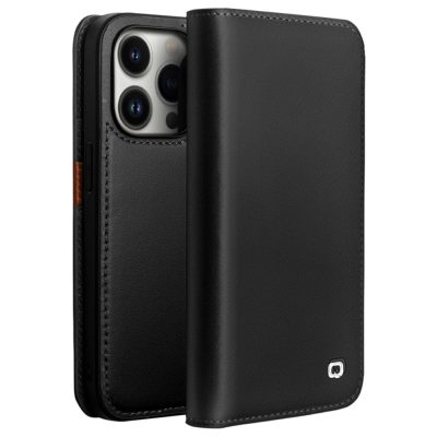 QIALINO For iPhone 14 Pro Max Case Classic Genuine Leather Flip Stand Wallet Phone Cover