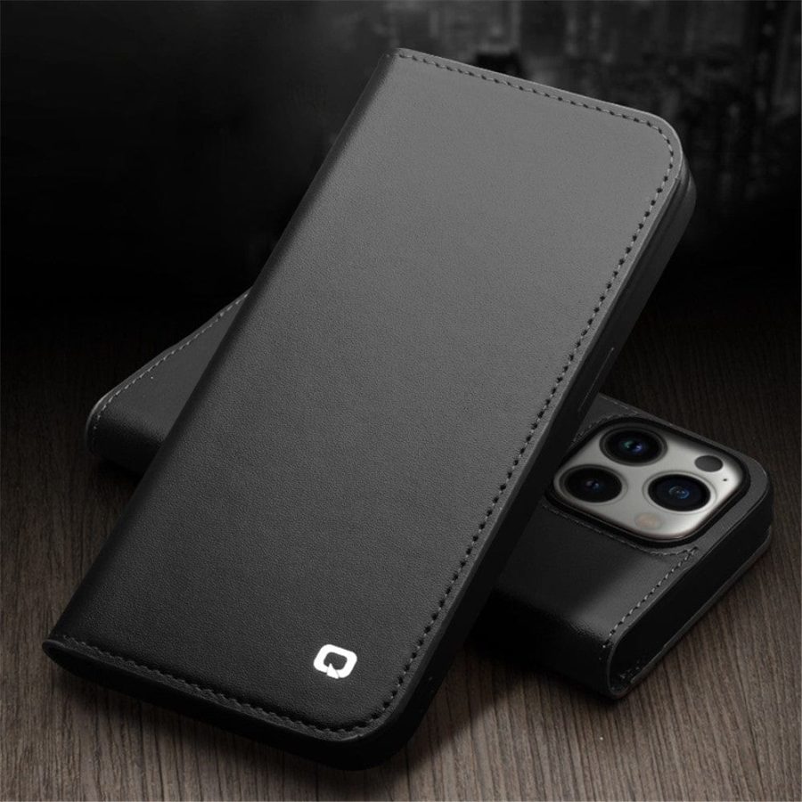660110075A-8 QIALINO For iPhone 14 Pro Max Case Classic Genuine Leather Flip Stand Wallet Phone Cover