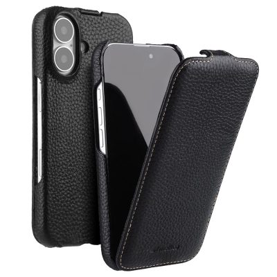 MELKCO For iPhone 16 Flip Case Genuine Leather Vertical Phone Cover | Compatible with MagSafe