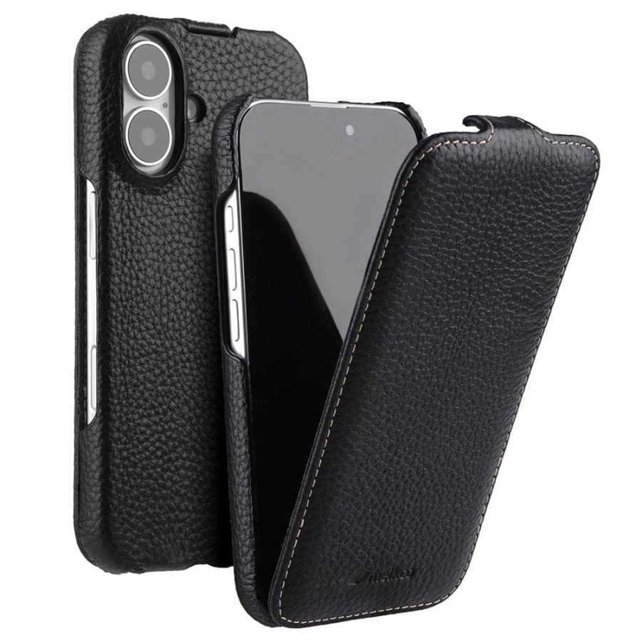 6601106416A-1 MELKCO For iPhone 16 Flip Case Genuine Leather Vertical Phone Cover | Compatible with MagSafe