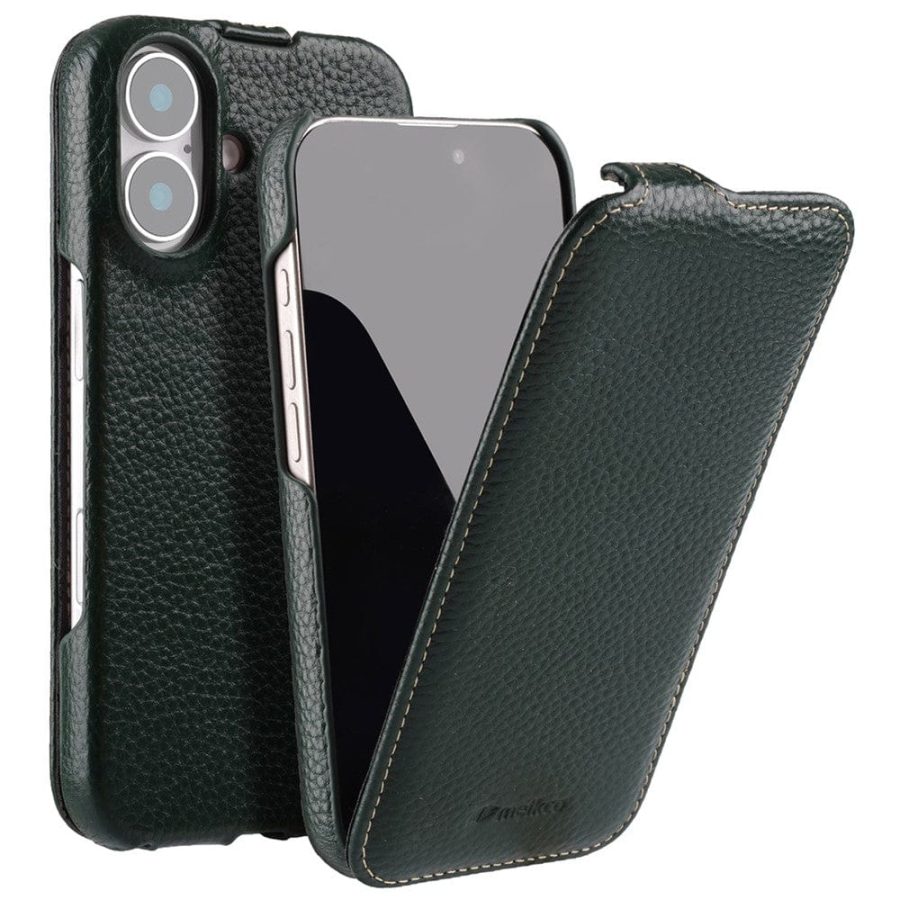 6601106416D-1 MELKCO For iPhone 16 Flip Case Genuine Leather Vertical Phone Cover | Compatible with MagSafe