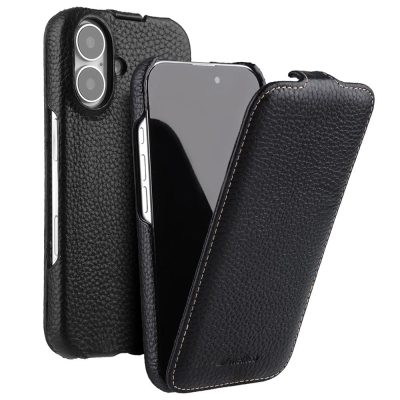 MELKCO For iPhone 16 Plus Flip Case Genuine Leather Vertical Phone Cover | Compatible with MagSafe
