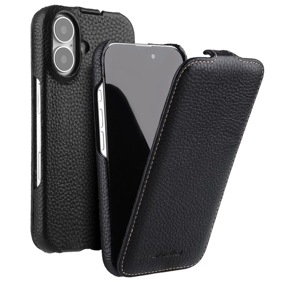 MELKCO For iPhone 16 Plus Flip Case Genuine Leather Vertical Phone Cover | Compatible with MagSafe