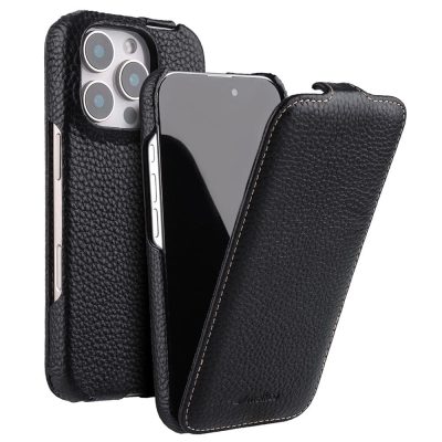 MELKCO For iPhone 16 Pro Flip Case Genuine Leather Vertical Phone Cover | Compatible with MagSafe