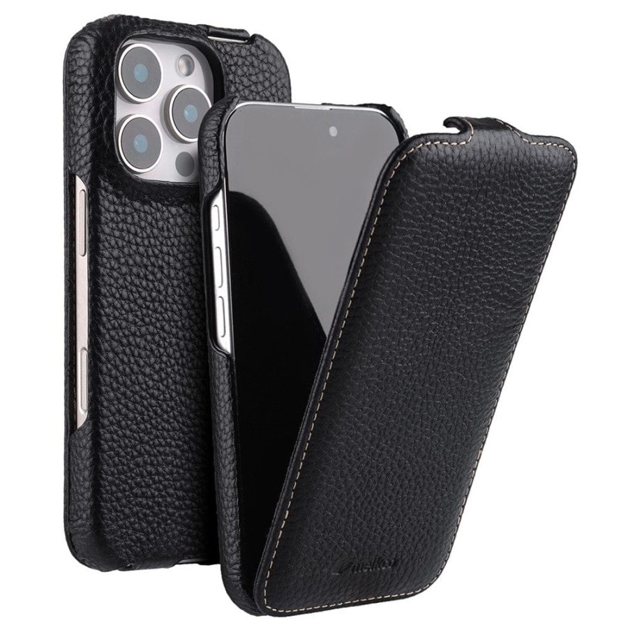 6601106418A-1 MELKCO For iPhone 16 Pro Flip Case Genuine Leather Vertical Phone Cover | Compatible with MagSafe