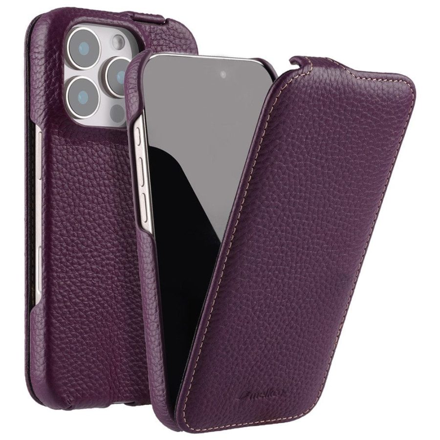 6601106418E-1 MELKCO For iPhone 16 Pro Flip Case Genuine Leather Vertical Phone Cover | Compatible with MagSafe