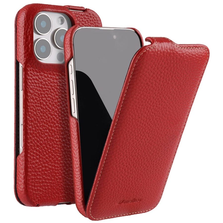 6601106418F-1 MELKCO For iPhone 16 Pro Flip Case Genuine Leather Vertical Phone Cover | Compatible with MagSafe