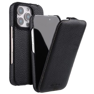 MELKCO For iPhone 16 Pro Max Flip Case Genuine Leather Vertical Phone Cover | Compatible with MagSafe