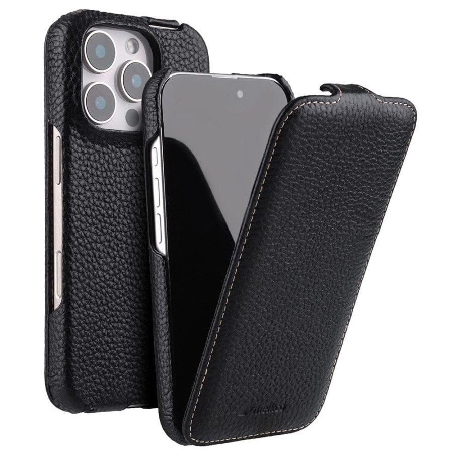 6601106419A-1 MELKCO For iPhone 16 Pro Max Flip Case Genuine Leather Vertical Phone Cover | Compatible with MagSafe