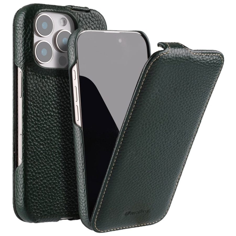 6601106419D-1 MELKCO For iPhone 16 Pro Max Flip Case Genuine Leather Vertical Phone Cover | Compatible with MagSafe