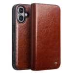 QIALINO For iPhone 16 Plus Case Card Holder Genuine Leather Stand Phone Cover