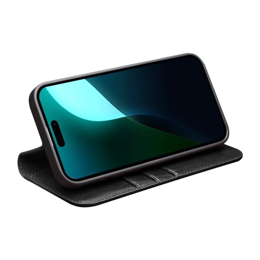 QIALINO For iPhone 16 Case Genuine Leather Card Holder Stand Flip Phone Cover