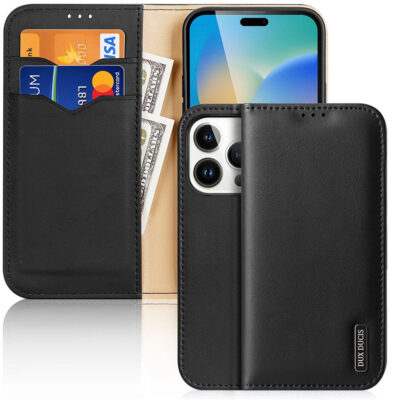 DUX DUCIS Hivo Series Phone Case for iPhone 14 Pro Full Protection Genuine Leather Folio Flip Wallet Cover Stand RFID Blocking Shell