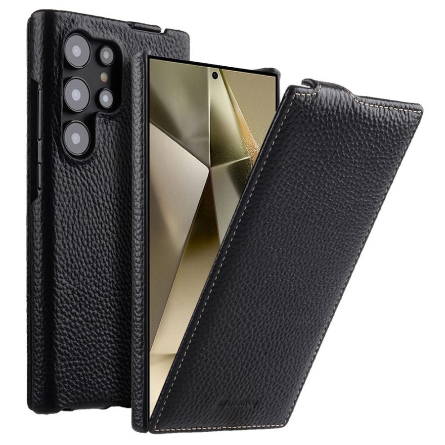 6601113639A-1 MELKCO Bovine Genuine Leather Case for Samsung Galaxy S24 Ultra Vertical Flip Cover