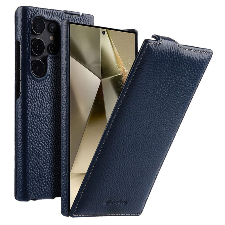 6601113639C-1 MELKCO Bovine Genuine Leather Case for Samsung Galaxy S24 Ultra Vertical Flip Cover