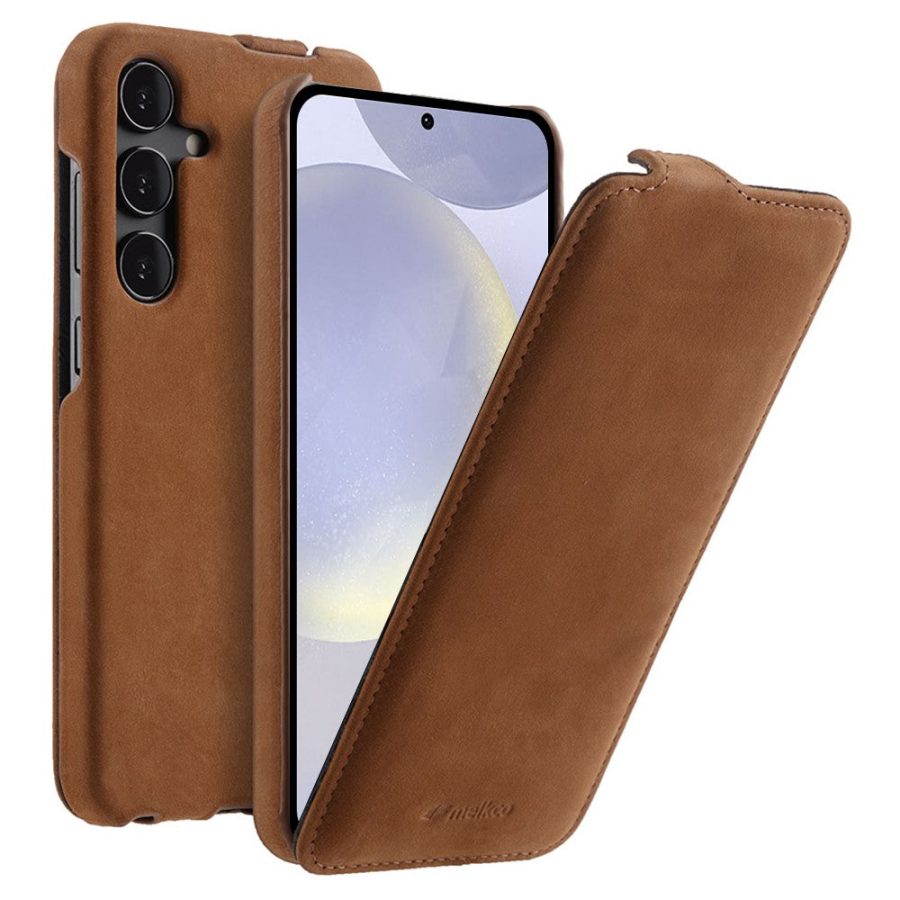 6601113641B-1 MELKCO Bovine Genuine Leather Case for Samsung Galaxy S24 Vertical Flip Cover